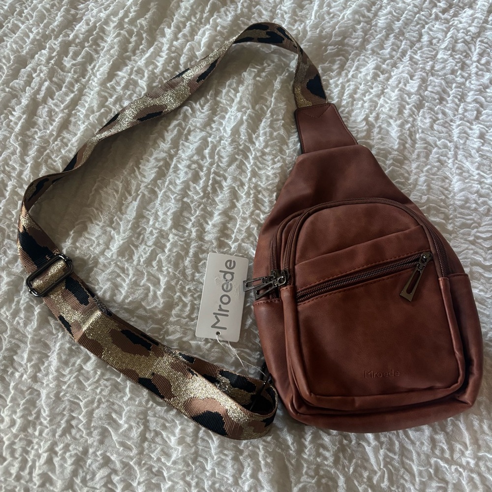 NWT Mroede sling bag brown faux leather with decorative strap